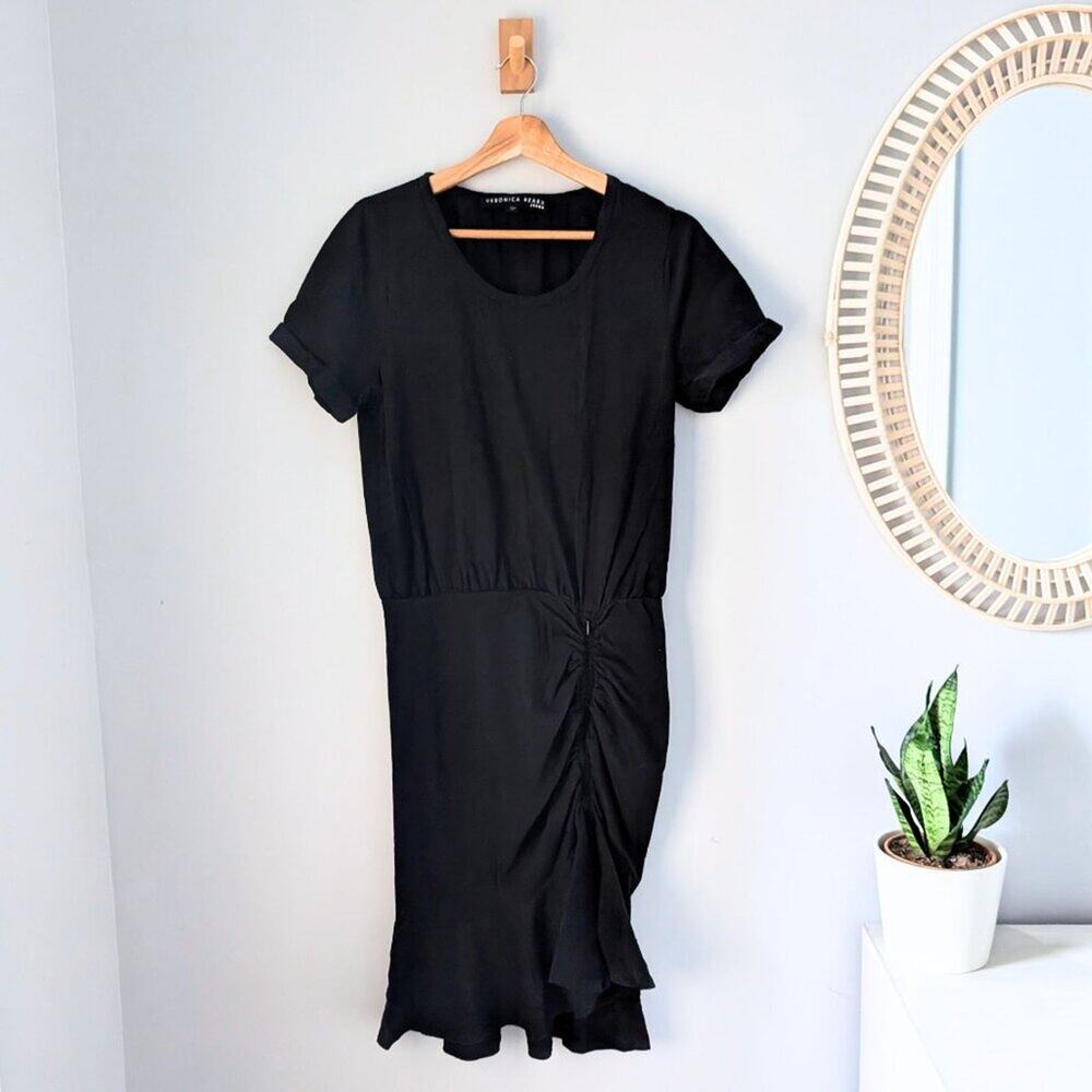 VERONICA BEARD Pima Ruched T-Shirt Jersey Dress, Flounce Hem, Cotton, Black, M